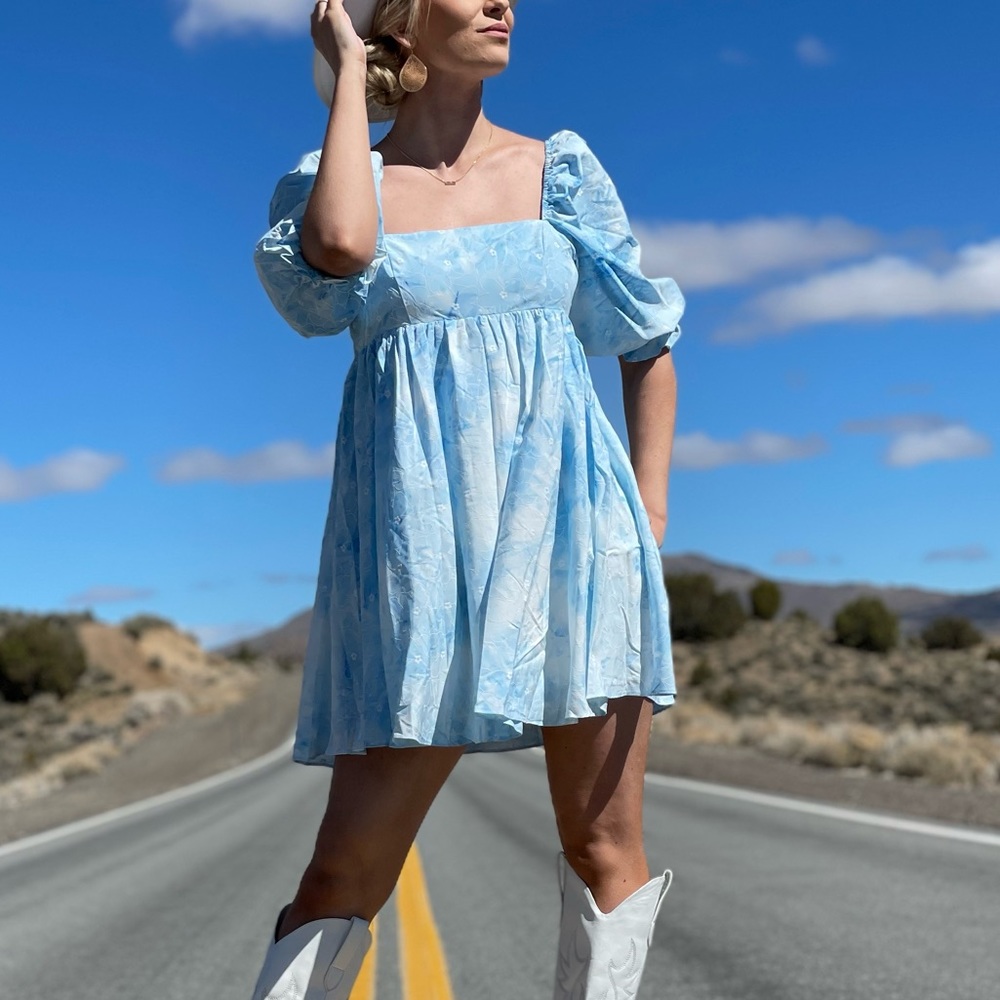 Judith March Blue and White Mini Dress with Puff Sleeves